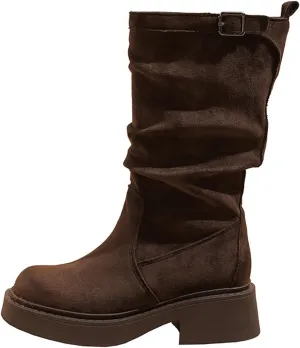 Women'S Suede Chunky Heel Pull On Retro Short Boots Classic Round Toe Wide Shoe Mouth Pleated Non-Slip Party Dating Shopping Casual Short Boots