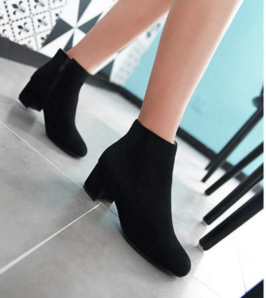 Women's Vegan Suede Dress Ankle Boots Round Toe Zipper Comfy Block Low Heel Booties Dressy Short Boot