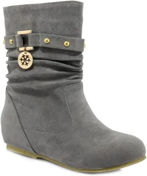 Women's Winter Suede Slouch Ankle Boots Metallic Low Wedge Hidden Heel Pull On Dressy Short Booties