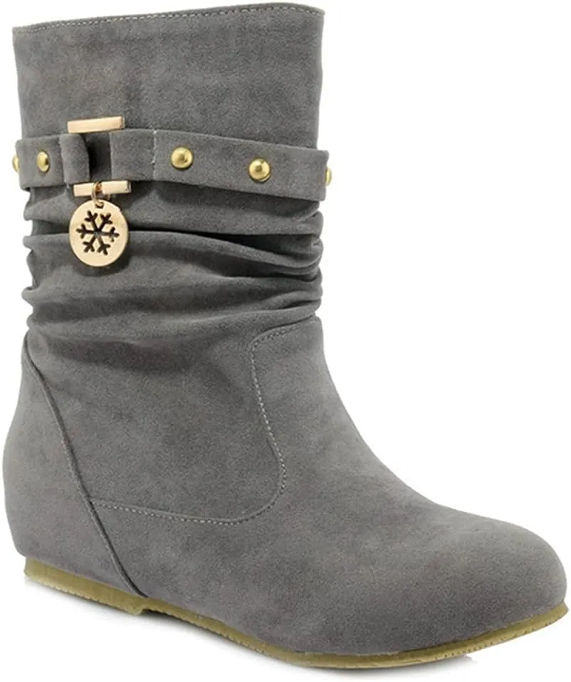 Women's Winter Suede Slouch Ankle Boots Metallic Low Wedge Hidden Heel Pull On Dressy Short Booties