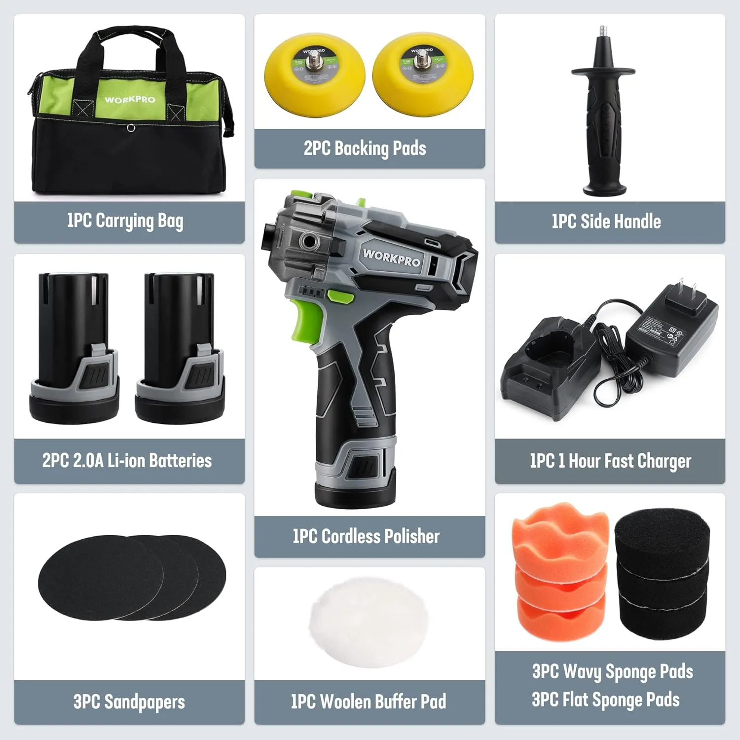 WORKPRO 12V Cordless Polisher, 3" Mini Car Detailing Buffer & Sander Machine Kit with 2 Li-Ion Batteries, Variable Speed Trigger for Auto/DIY Polishing/Sanding/Waxing