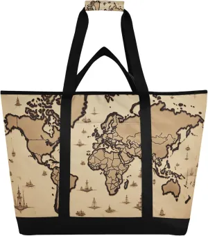 World Map Reusable Insulated Cooler Bag with Ice Pack Compartment - Large 47L Waterproof Thermal Grocery Tote for Picnic Beach Camping Lunch Storage