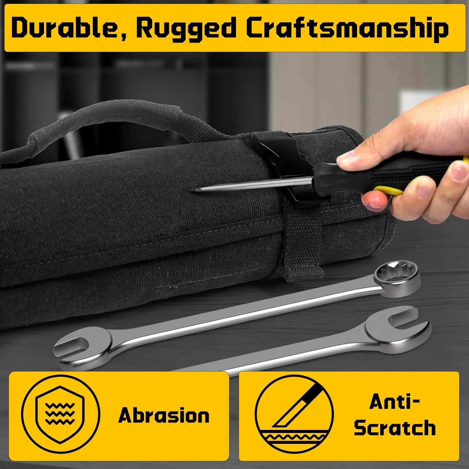 Wrench Roll 32 Pockets, Heavy-Duty 16 oz. Waxed Canvas Wrench Roll Up Bag Holds Wrench Wrap for Metric and SAE Wrenches, Wrench Pouch with Buckles and Handle, Sturdy Wrench Tool roll (Black)