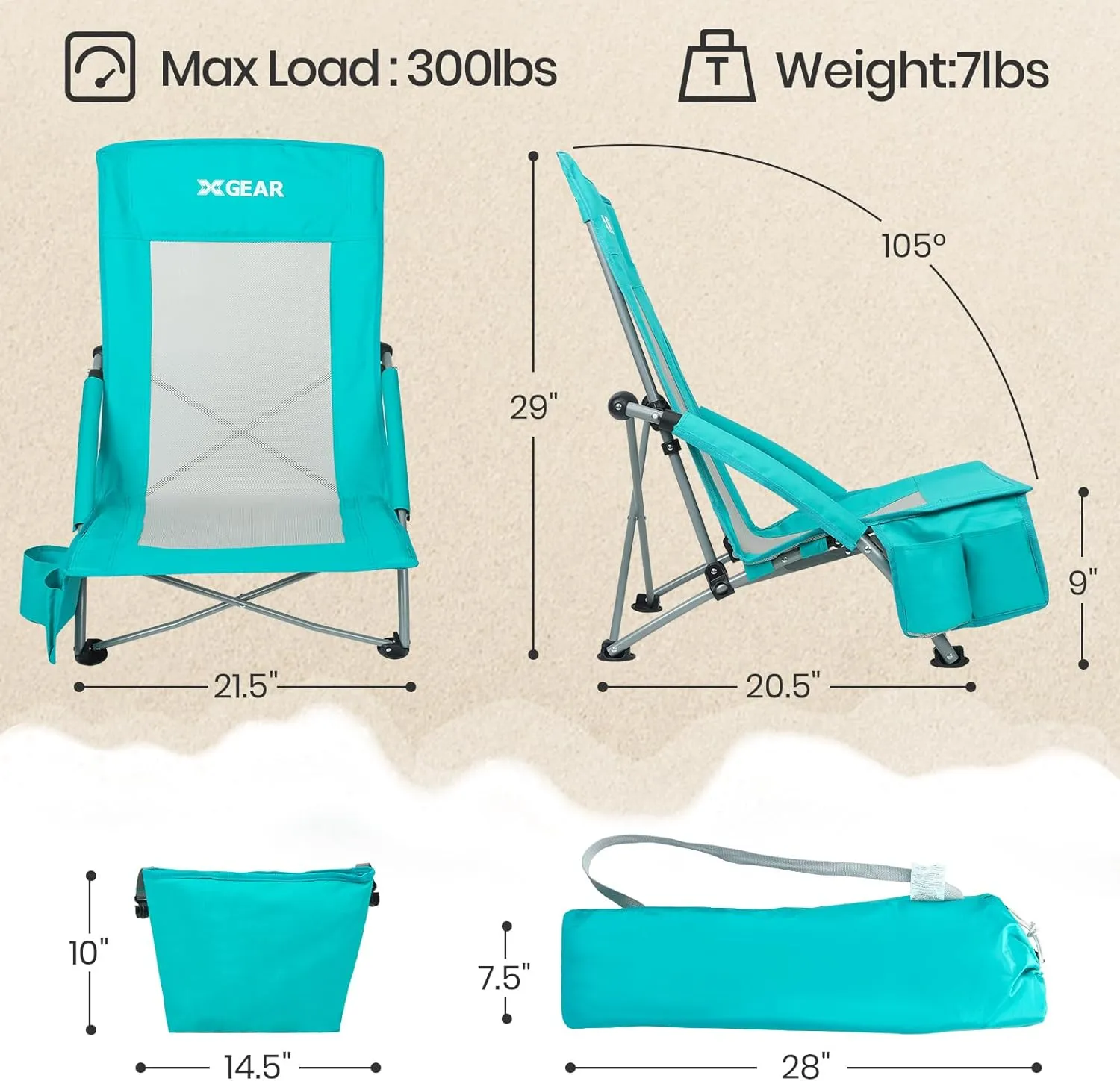 XGEAR Beach Chair Sturdy Beach Chairs for Adults 2-Pack with Cooler Bag, High Back Camping Chair with Side Pocket, Cup Holder & Carry Bag, for Outdoor Sand-Green