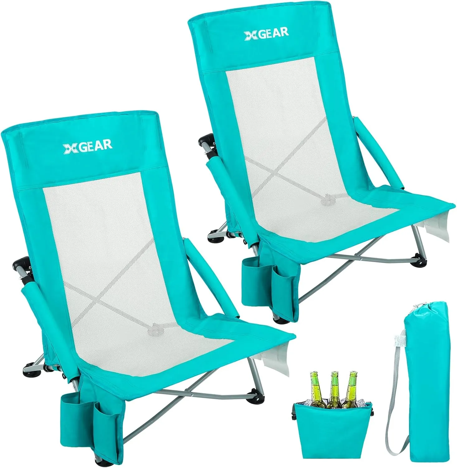 XGEAR Beach Chair Sturdy Beach Chairs for Adults 2-Pack with Cooler Bag, High Back Camping Chair with Side Pocket, Cup Holder & Carry Bag, for Outdoor Sand-Green