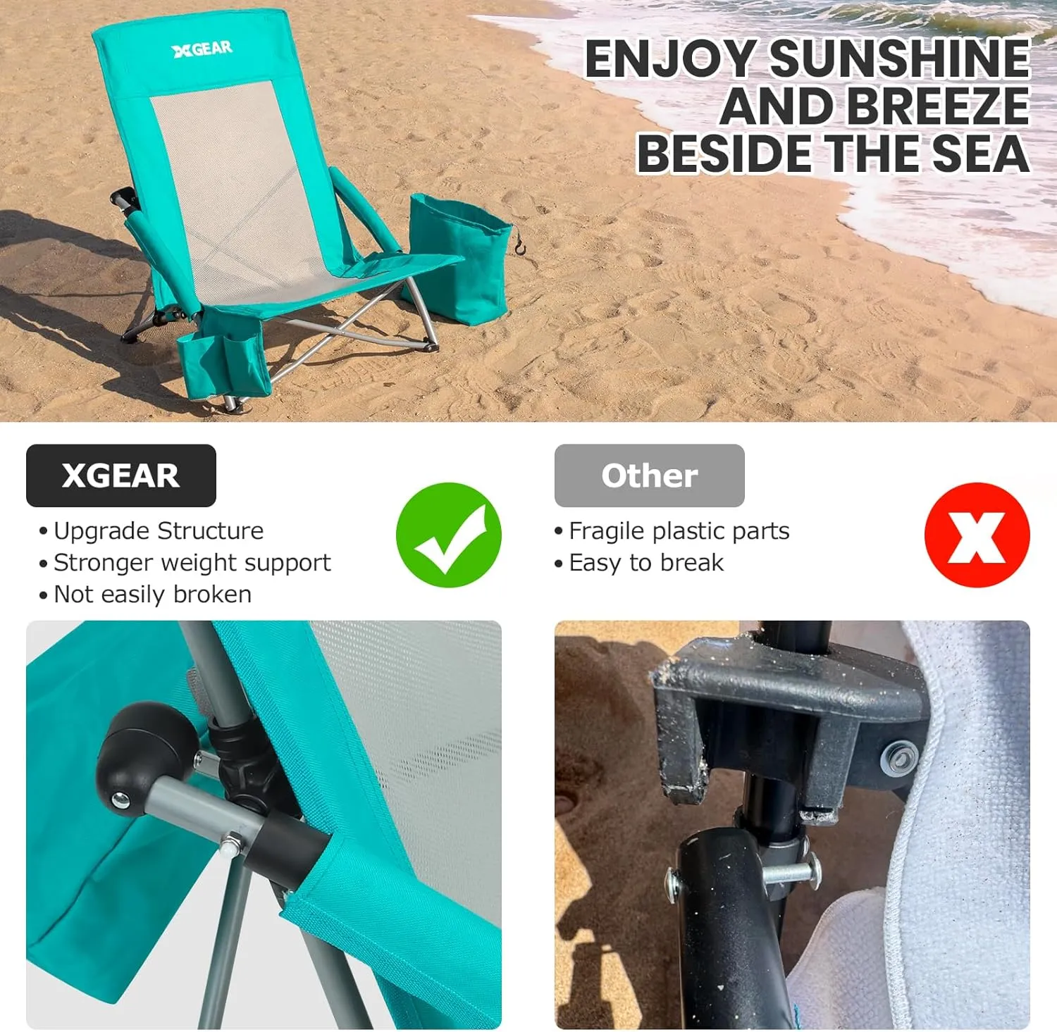 XGEAR Beach Chair Sturdy Beach Chairs for Adults 2-Pack with Cooler Bag, High Back Camping Chair with Side Pocket, Cup Holder & Carry Bag, for Outdoor Sand-Green