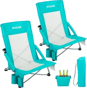 XGEAR Beach Chair Sturdy Beach Chairs for Adults 2-Pack with Cooler Bag, High Back Camping Chair with Side Pocket, Cup Holder & Carry Bag, for Outdoor Sand-Green