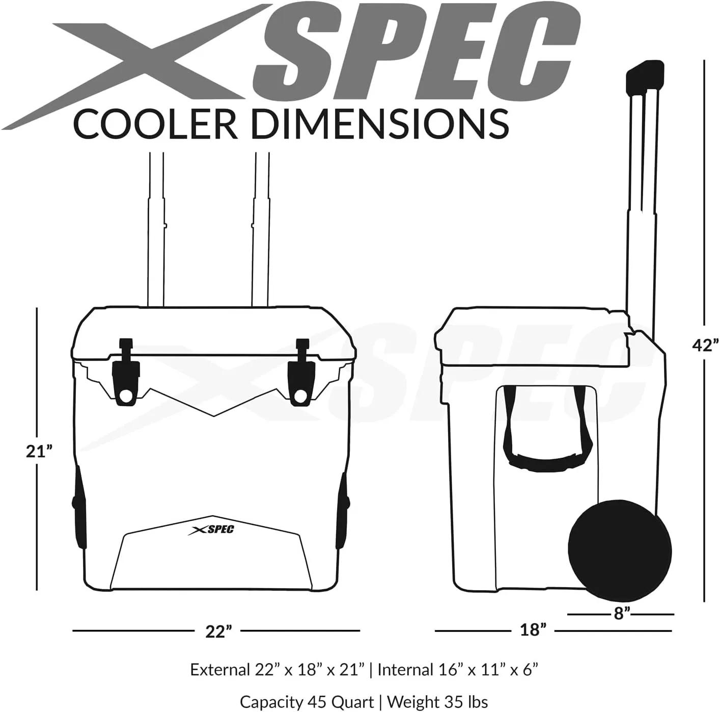 Xspec 45 Quart Towable Roto Molded Ice Chest Outdoor Camping Cooler with Wheels | Pro Tough Durable Outdoor Camping Fishing Ice Chest