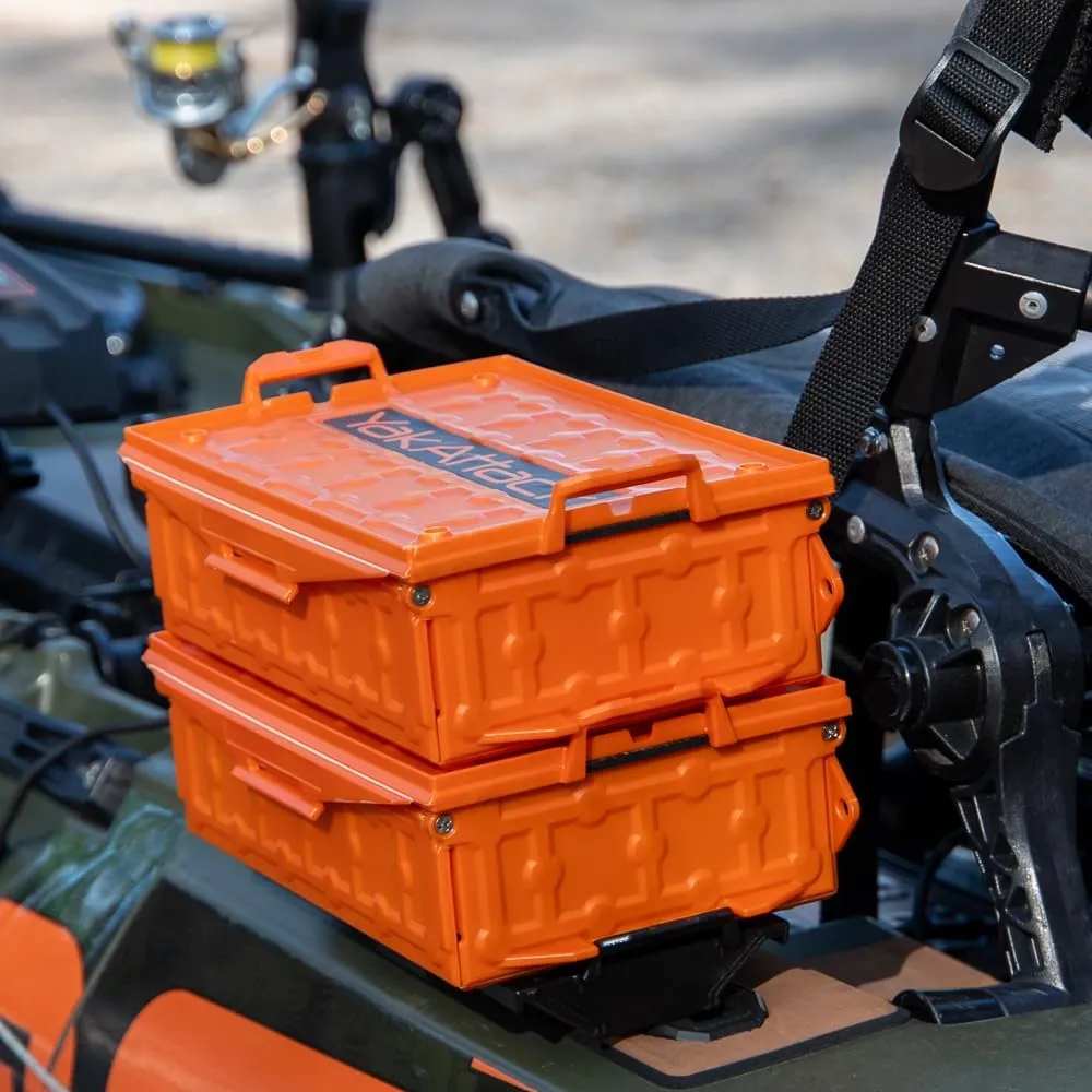 YakAttack TracPak Orange Combo Kit – 2 Stackable Kayak Storage Boxes with Quick Release Track Mount Base | Kayak Crate System for Fishing Gear & Tackle Accessories | Compact Kayaking Storage Box