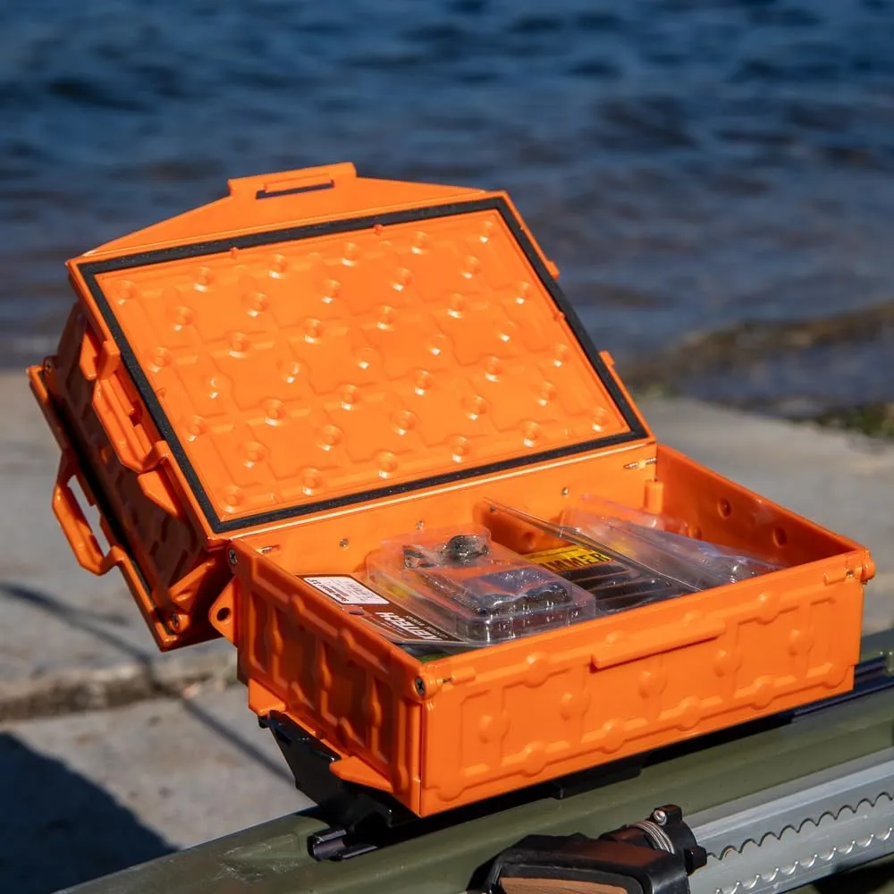 YakAttack TracPak Orange Combo Kit – 2 Stackable Kayak Storage Boxes with Quick Release Track Mount Base | Kayak Crate System for Fishing Gear & Tackle Accessories | Compact Kayaking Storage Box