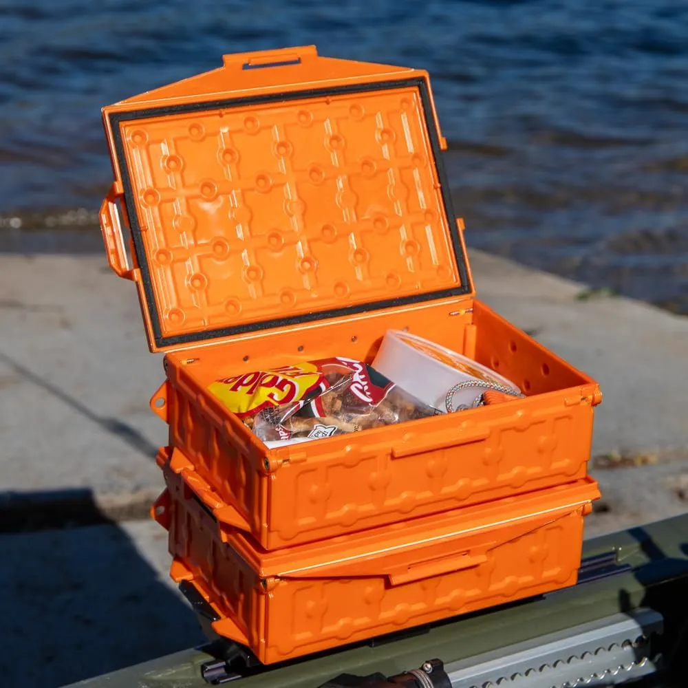YakAttack TracPak Orange Combo Kit – 2 Stackable Kayak Storage Boxes with Quick Release Track Mount Base | Kayak Crate System for Fishing Gear & Tackle Accessories | Compact Kayaking Storage Box
