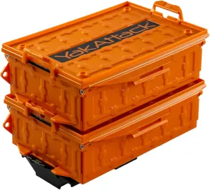 YakAttack TracPak Orange Combo Kit – 2 Stackable Kayak Storage Boxes with Quick Release Track Mount Base | Kayak Crate System for Fishing Gear & Tackle Accessories | Compact Kayaking Storage Box