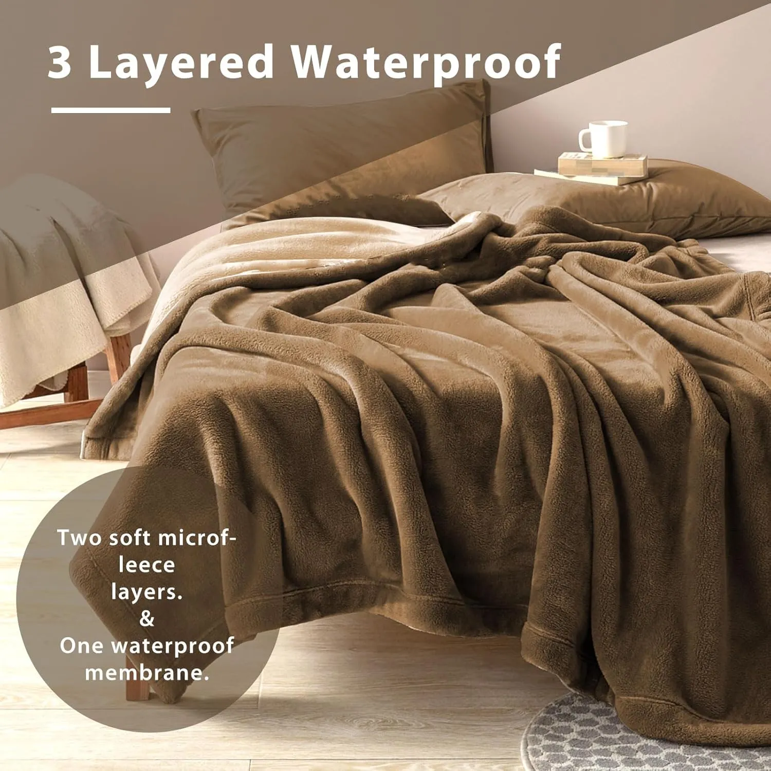 YISURE Waterproof Blanket for Couples, 80"x60" Queen Size Tan Water Proof and Stain Proof Blanket for Bed, Washable, Reversible & Reusable (Brown/Tan)