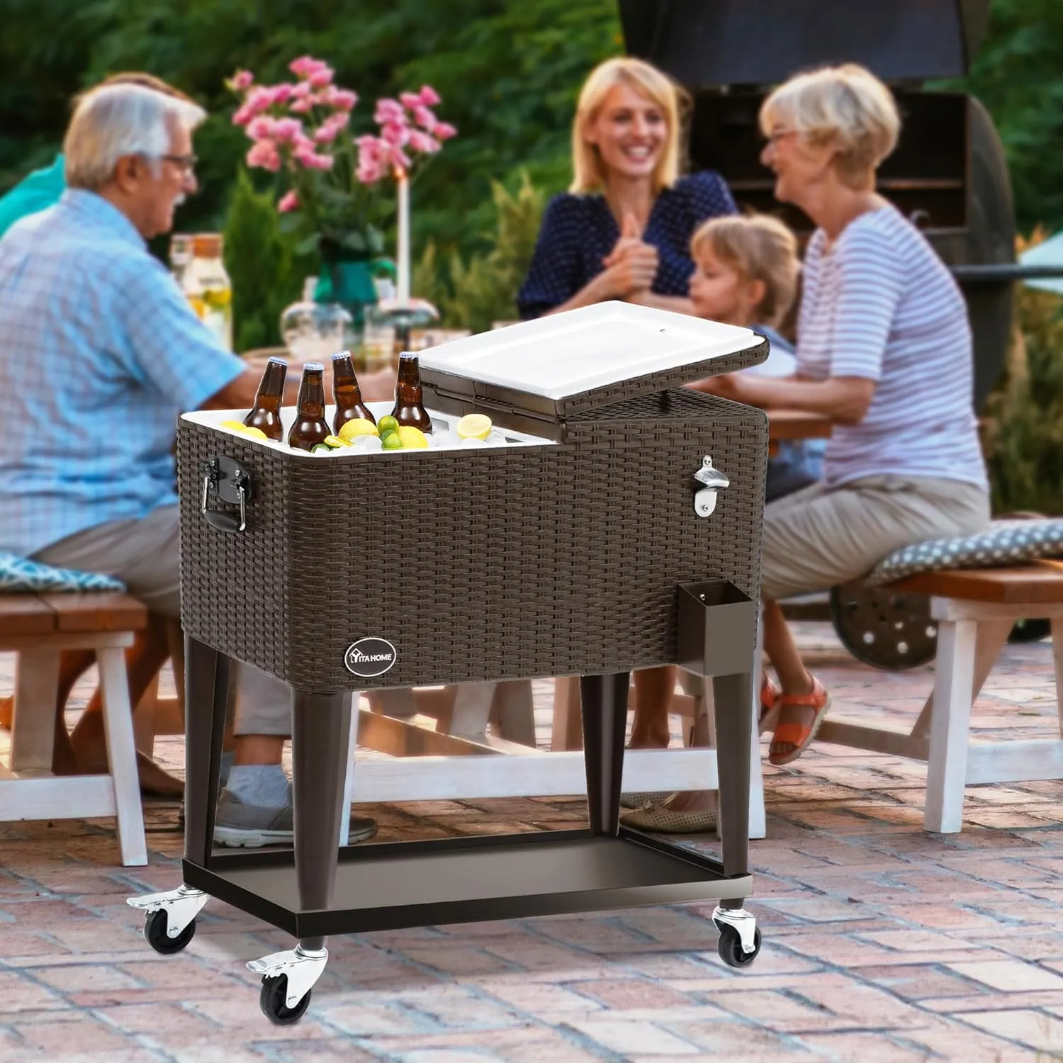 YITAHOME 80 Quart Patio Cooler Cart with Bottle Opener Drainage, Portable Rolling Beverage Cart for Pool Deck Party Cookouts