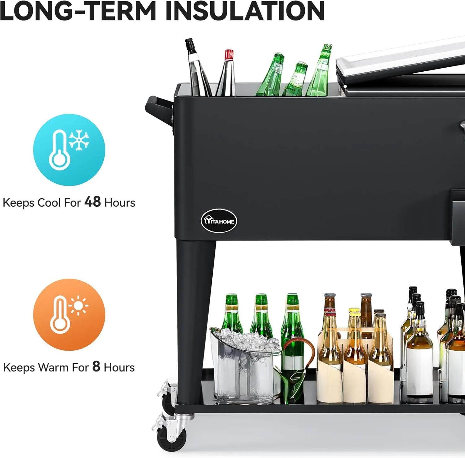 YITAHOME 80 Quart Patio Cooler Cart with Bottle Opener Drainage, Portable Rolling Beverage Cart for Pool Deck Party Cookouts