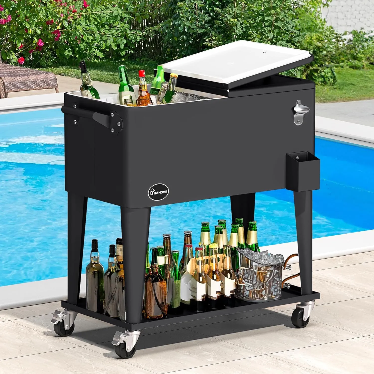 YITAHOME 80 Quart Patio Cooler Cart with Bottle Opener Drainage, Portable Rolling Beverage Cart for Pool Deck Party Cookouts