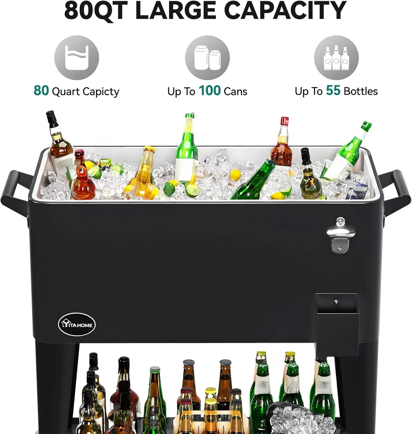 YITAHOME 80 Quart Patio Cooler Cart with Bottle Opener Drainage, Portable Rolling Beverage Cart for Pool Deck Party Cookouts