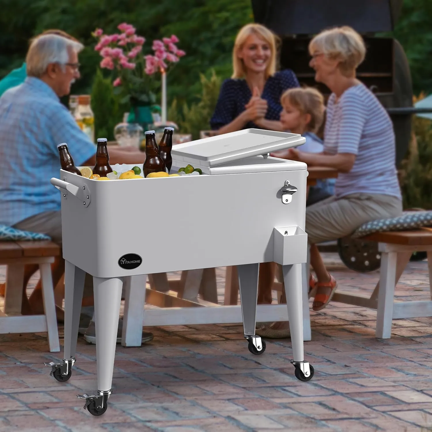 YITAHOME 80 Quart Patio Cooler Cart with Bottle Opener Drainage, Portable Rolling Beverage Cart for Pool Deck Party Cookouts