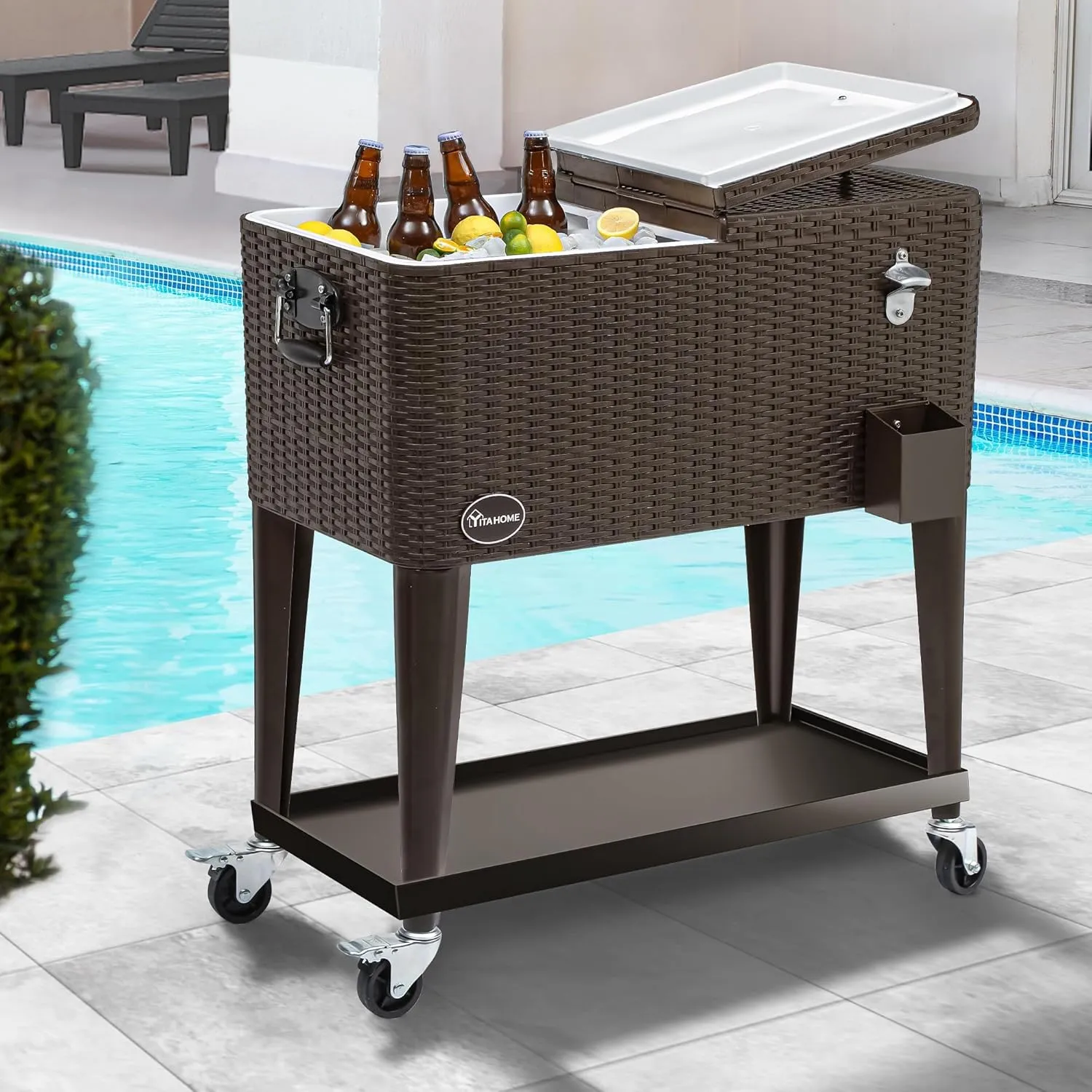 YITAHOME 80 Quart Patio Cooler Cart with Bottle Opener Drainage, Portable Rolling Beverage Cart for Pool Deck Party Cookouts