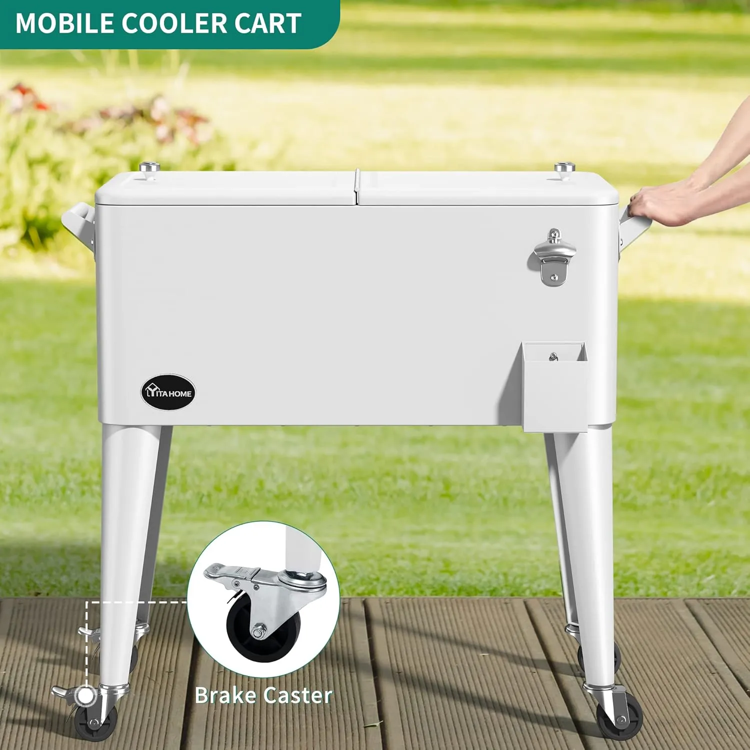 YITAHOME 80 Quart Patio Cooler Cart with Bottle Opener Drainage, Portable Rolling Beverage Cart for Pool Deck Party Cookouts