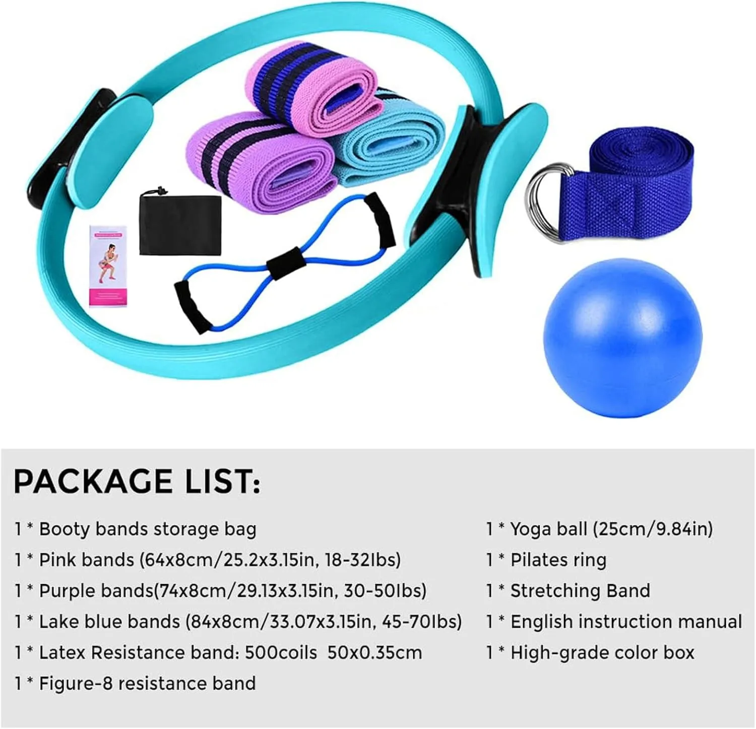 Yoga Sets for Women Pilates at Home Equipment Pilates Magic Ring Booty Bands for Working Out Glutes Yoga Ball 25cm Figure 8 Resistance Band Yoga Bands for Stretching