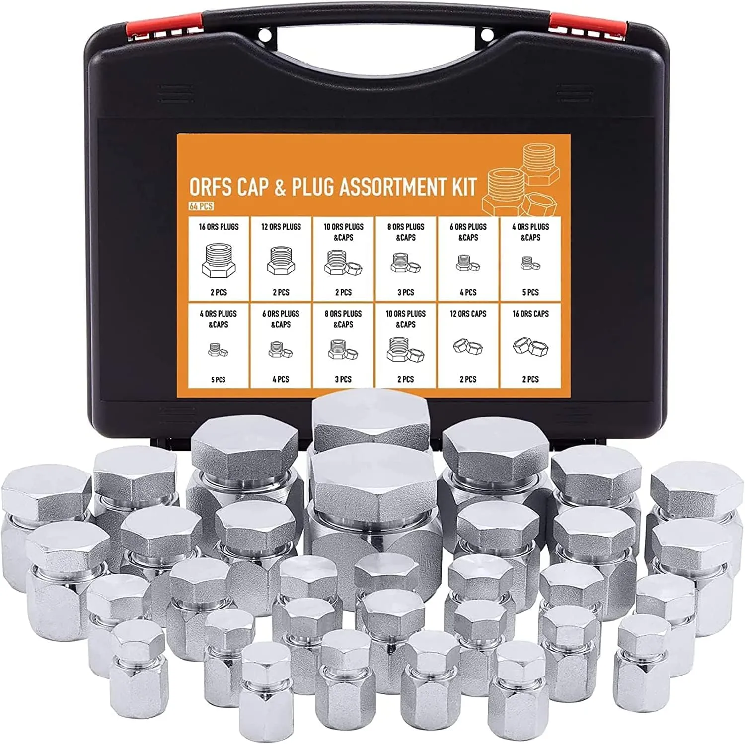 ZELCAN O Ring Face Seal Fitting Kit, Hydraulic Hose Tube and Pipe Fittings, ORFS Cap and Plug Set for Hydraulics, Heavy Duty O Ring Assortment Kit Precision Threaded, ORFS Sizes 4 6 8 10 12 16