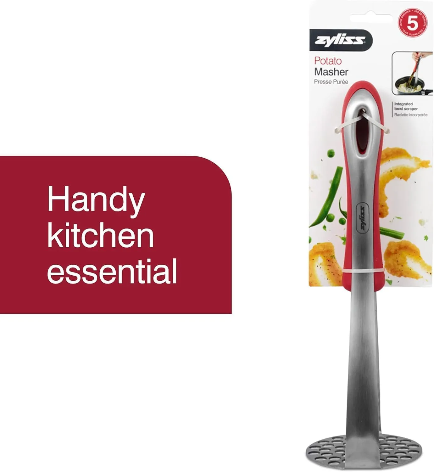 Zyliss Stainless Steel Potato Masher - Food Smasher for Potatoes, Avocados & More - Home Kitchen Essentials & Accessories - Manual Potato Masher Tool - Dishwasher-Safe Vegetable Masher - Red